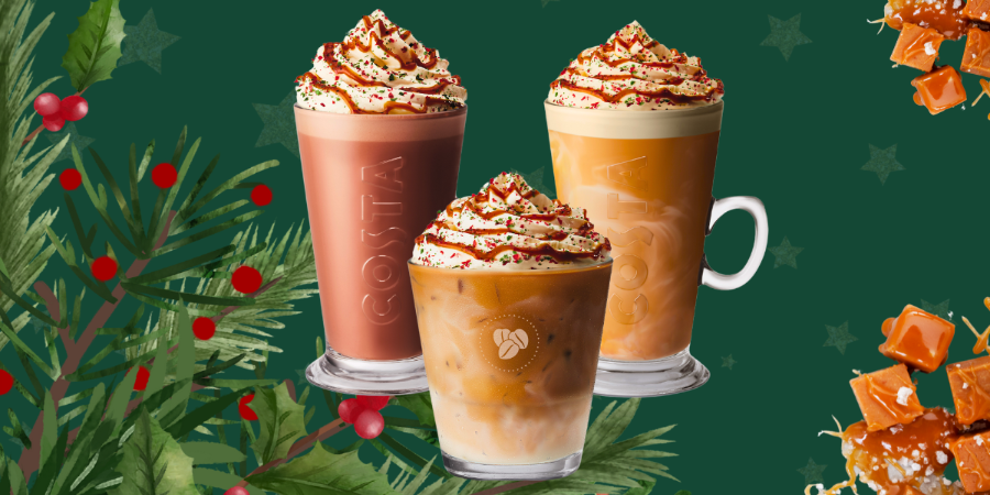 Image of Costa seasonal festive drinks range surrounded by festive elements of mistletoe and caramel chucks on a dark green backdrop